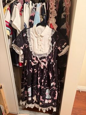 Lolita kawaii Black & Pink Lace-Trimmed Midi Dress with Peter Pan Collar